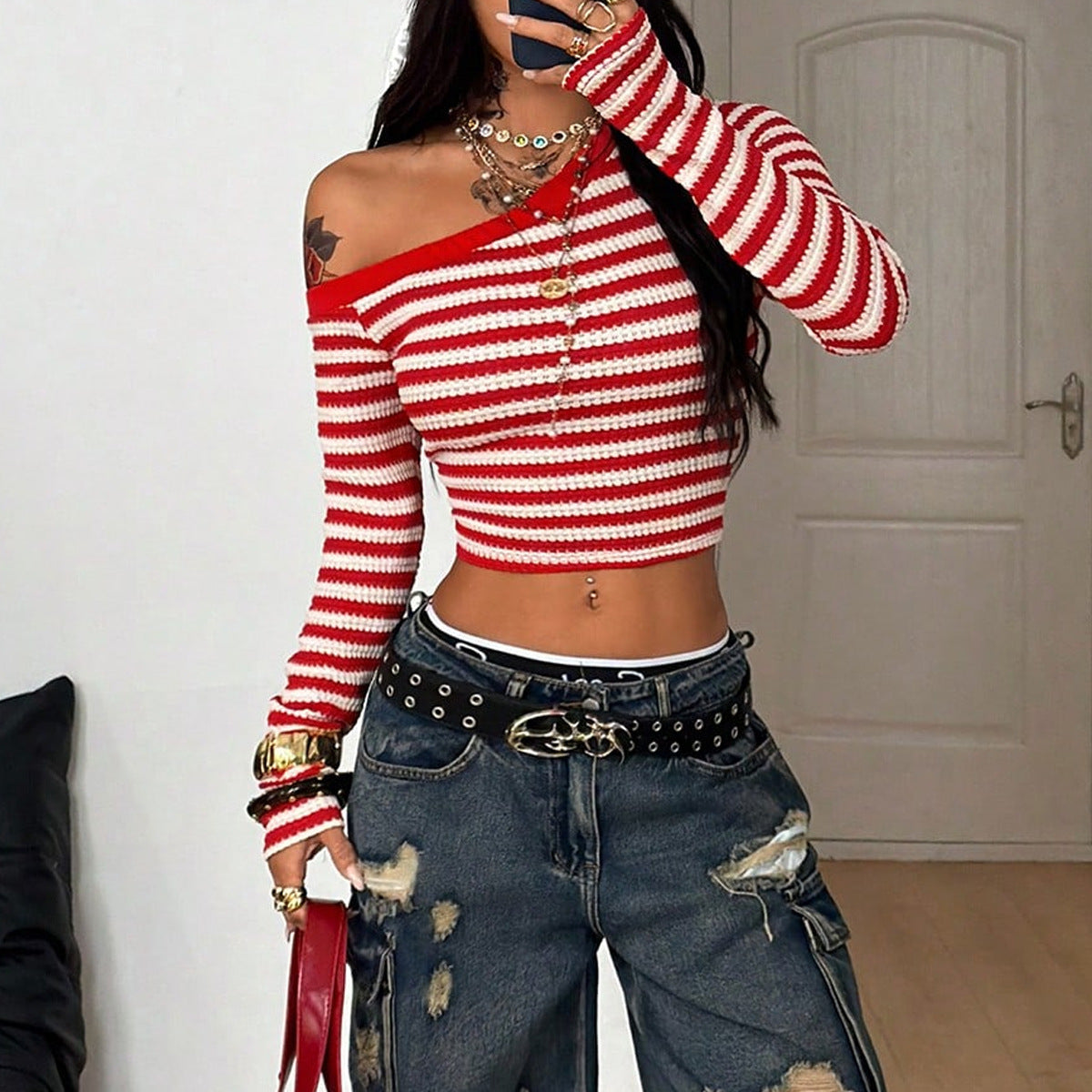 Color-block Striped Long-sleeve Top In European And American Style