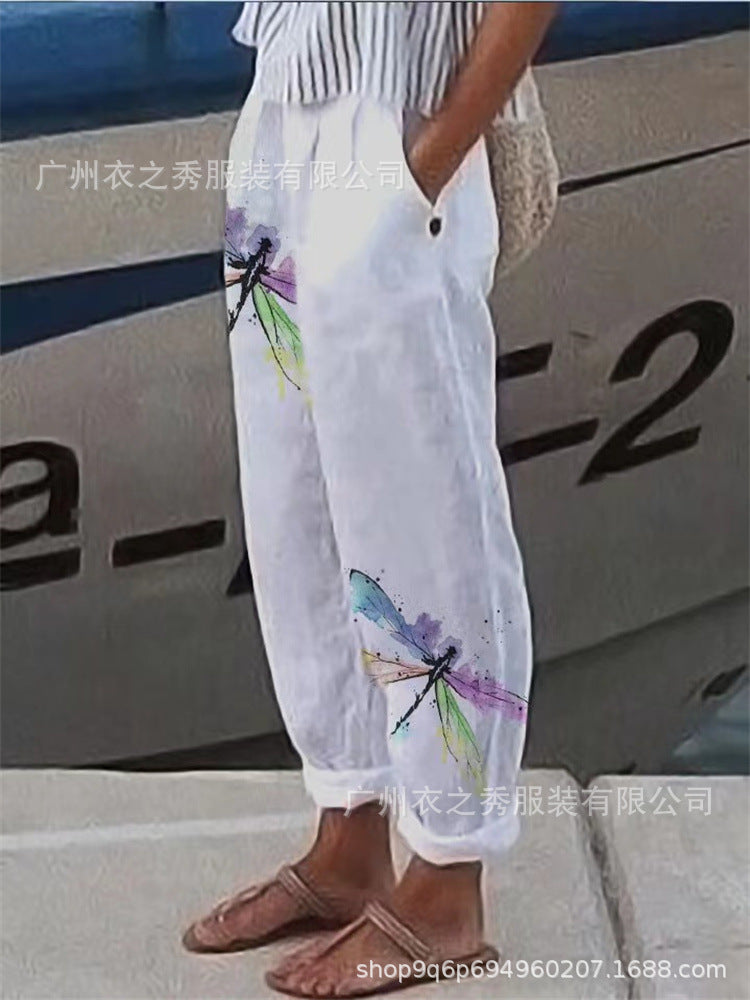 Retro Cotton-Linen Breathable Floral Print Casual Pants For Women