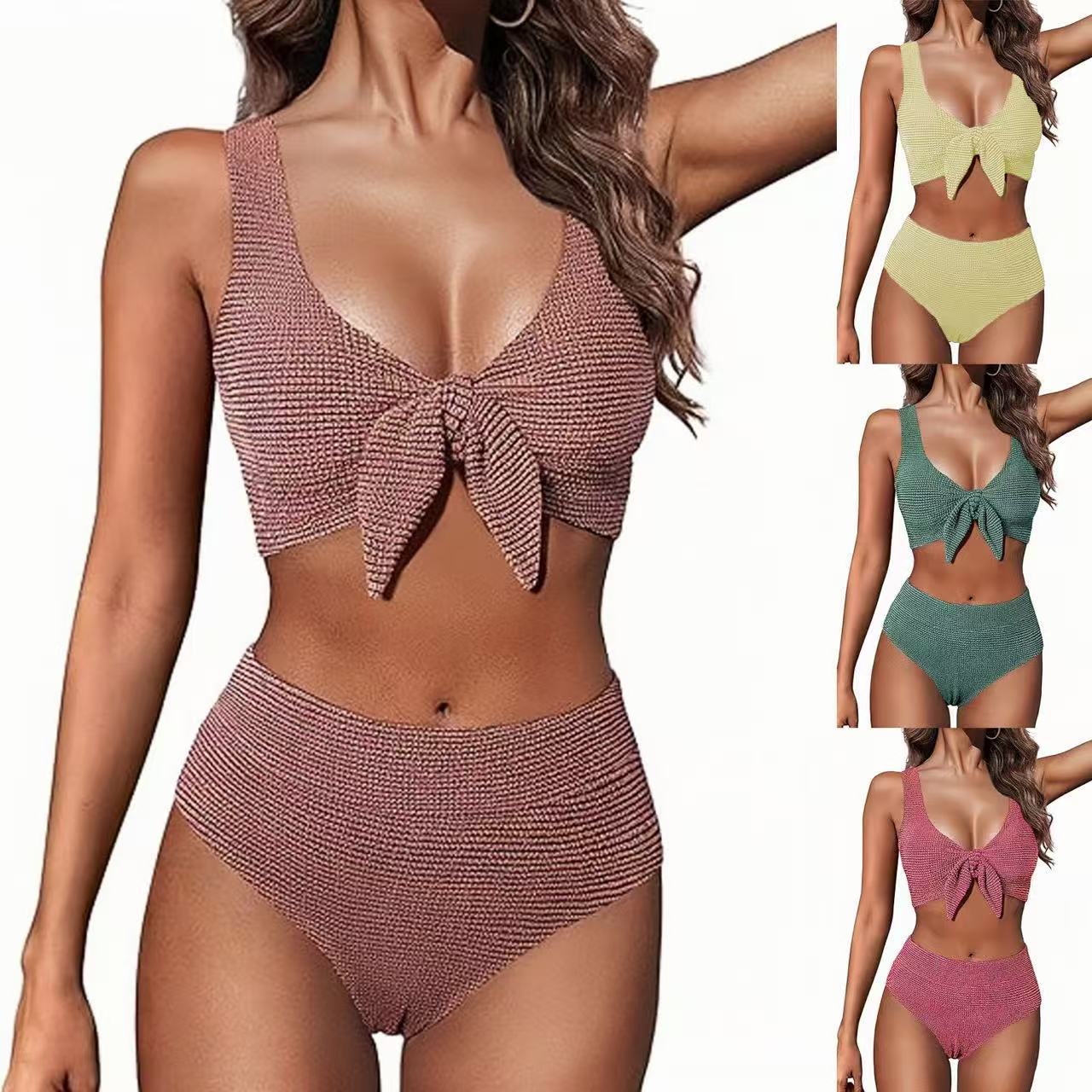 V-neck Lace-up Gold-thread Jacquard Split Swimsuit